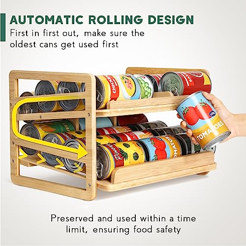 Yumkfoi Rolling Bamboo Can Organizer Rack, Stackable Double-Layer Can Organizers and Storage For Pantry, Canned Goods Holder Dispenser For Countertop Kitchen Cabinet or Pantry Shelf - style: For 24 cans with rolling filling design