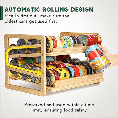 Yumkfoi Rolling Bamboo Can Organizer Rack, Stackable Double-Layer Can Organizers and Storage For Pantry, Canned Goods Holder Dispenser For Countertop Kitchen Cabinet or Pantry Shelf - style: For 24 cans with rolling filling design