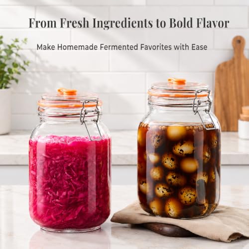 Fermentation Jar, 1.5L Glass Fermenting Kit with Airlocks, 2-Pack | Wide-Mouth Glass Jars With Self-Burping Airlocks for Sauerkraut, Kimchi, Pickles, Mead, Cider and Other Homemade Ferments