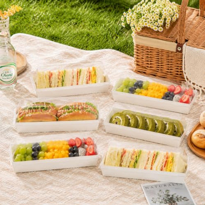 Dicunoy 100 Pack Sandwich Boxes with Clear Lids, Paper Food Boxes, Rectangle To Go Food Tray for Sushi, Swiss Roll Cake, Sandwich, Cookie, Fruits, Hot Chocolate Bombs, Hot Dog