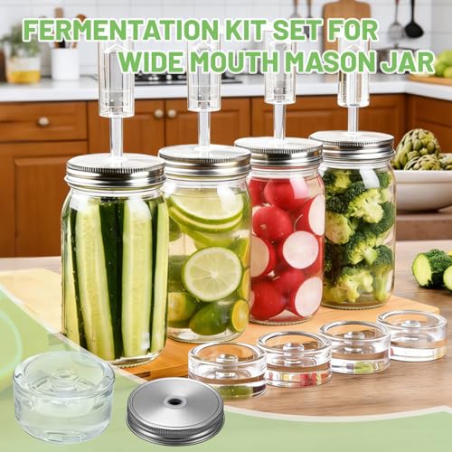 Klemon Fermentation Kit for Wide Mouth Mason fermentation Jar,Pickle sauerkraut Kit,4 Fermentation Lids,4 Glass Fermentation Weights,1Wooden Brush Cleaner(Jars Not Included)