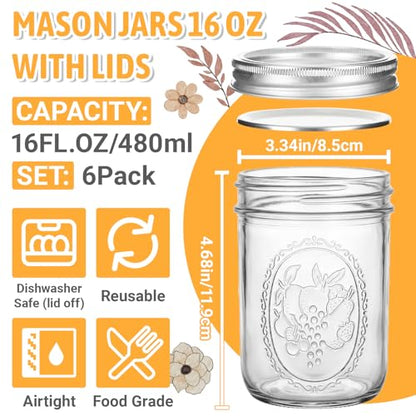 Wide Mouth Mason Jars 16 oz 6 Pack with Airtight Lids & Measurement Marks | Glass Canning Jars Pint Jars for Pickling,Fermenting,Preserving,Freezing,Meal Prep,Overnight Oats & Jam - color: 16fl.oz 6pack
