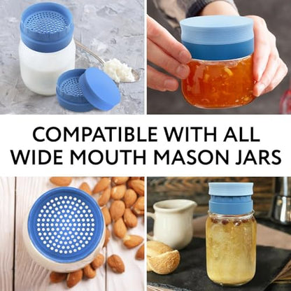 IMPRESA Mason Jar Strainer Lids - Blue, Pack of 3 Clog-Free Drainage & Kefir Strainer - Compact 3-Piece Fermentation Kit - Secure Fit