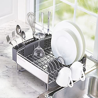 KitchenAid Compact Space Saving, Dish Rack with Removable Flatware Caddy and Angled Self Draining Drainboard, Satin Gray, 15-Inch-by-13.25-Inch - color: Gray, size: Compact