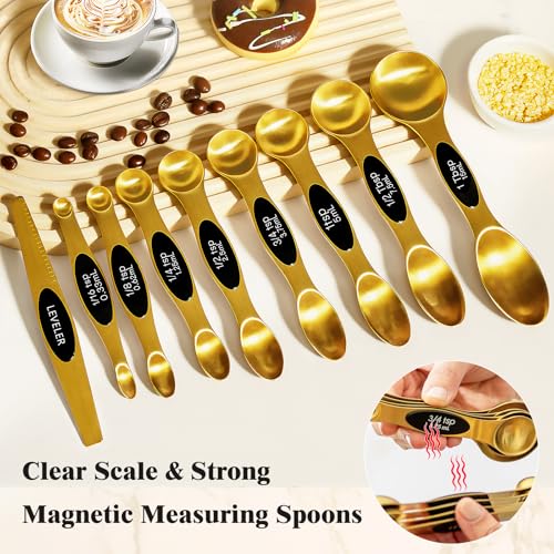 13pcs Gold Stainless Steel Measuring Cups and Spoons Set, Including 8 Double-Sided Magnetic Measuring Spoons Set & 1 Leveler, 4 Metal Measuring Cups, Kitchen Accessroies for Cooking & Baking - color: Gold