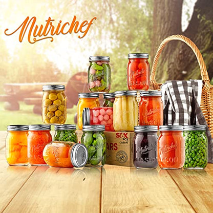 NutriChef 16 Pack Mason Jars 16 oz with Lids, Wide Mouth Airtight Seal, Freeze Safe Durable Glass, Silver Screw Lids for Meal Prep, Jam, Honey and Wedding Gifts, Leakproof & Dishwasher Safe Glass Jars - style: 16 Pack