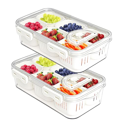 2Pack Divided Food Serving Tray with Lids Stackable Snackle Box for Candy Nuts Spice Fruit&Veggie Container with 6 Small Dividers Plastic Storage Bins for Fridge Pantry Freezer - size: 2Pack with 12 dividers