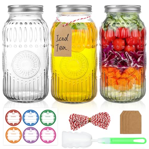 HINGWAH Wide Mouth Mason Jars 64 oz, 3 Pack Large Half Gallon Mason Jars with Airtight Lids and Bands, Clear Glass Canning Jars for Preserving, Pickling, Fermenting, Meal Prep & DIY Crafts (Sunflower) - size: 64oz- 3pack