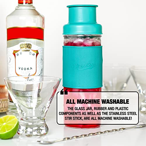 Masontops Cocktail Shaker Set – Glass Mason Jar Drink Shaker – 4 PC Set with Metal Swizzle Stick - Teal - color: Shaker Set Teal