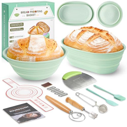 Sourdough Starter Kit, 9PCS Sourdough Breads Baking Supplies, Silicone Banneton Bread Proofing Basket Set with 9" Round & 10" Val, Bread Sling, Whisk, Bread Lame, Sour Dough Baking Tools