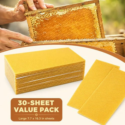 QalryXen 30Pcs Beeswax Sheets, Premium Natural Foundation for Beekeeping & Candle Making, Easy to Use Beehive Wax Sheets for Honeycomb Frames, DIY Craft Supplies, 7.7x16.3 Inch