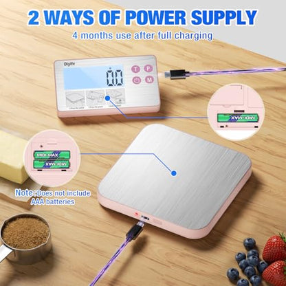 33lb Rechargeable Kitchen Scale, Diyife 304 Stainless Steel Food Scale with Detachable Display, 1g/0.1oz Precise Graduation, Magnetic, Backlit LCD, Tilt Stand, for Baking, Cooking, Meal Prep (Pink) - color: Pink