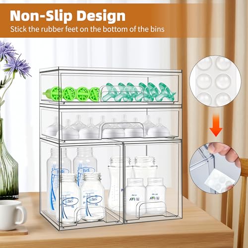 Baby Bottle Organizer, 4 Pack Stackable Storage Drawers with Labels, Clear Station Organizers Container for Pacifiers, Pump Parts, Desk Organizer Bins for Bathroom, Cabinet, Pantry, Vanity, Countertop - style: 2 High+2 Wide
