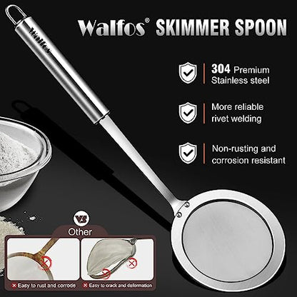 Walfos Fat Skimmer Spoon, 304 Stainless Steel Fat skimmer For Cooking, Fine Mesh Strainer, Food Strainer Fit For Separation Of The Floating Foam, Fat, Grease - Set of 2 Sise - style: 2pcs (3", 4") Skimmers