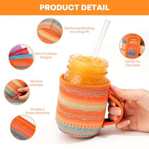 KJQJLY 4 Pcs Mason Jars Sleeves Neoprene 16oz and 24oz 32oz Regular and Wide Mouth Mason Jar Sleeves Holder with Handle (Desert Sunset, 16 OZ) - color: Desert Sunset, size: 16 OZ