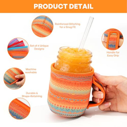 KJQJLY 4 Pcs Mason Jars Sleeves Neoprene 16oz and 24oz 32oz Regular and Wide Mouth Mason Jar Sleeves Holder with Handle (Desert Sunset, 16 OZ) - color: Desert Sunset, size: 16 OZ