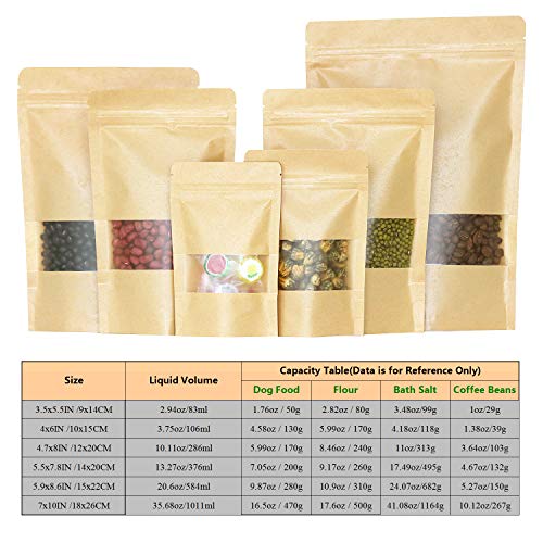 SumDirect Kraft Stand Up Pouches - 50Pcs Resealable Kraft Paper Stand Up Bags with Window, Zipper Disposable Food Storage Bags for Home or Business (50, 5.5x7.8inch) - size: 5.5x7.8inch