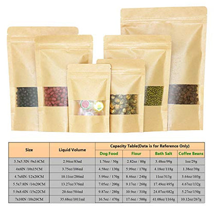 SumDirect Kraft Stand Up Pouches - 50Pcs Resealable Kraft Paper Stand Up Bags with Window, Zipper Disposable Food Storage Bags for Home or Business (50, 5.5x7.8inch) - size: 5.5x7.8inch