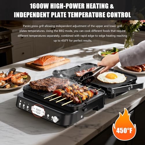 CATTLEMAN Panini Grill Press Sandwich Maker with Removable Plates, 1600W, 5 in 1 Smokeless Indoor Grill & Griddle with Meat Thermometer, PFAS Free Ceramic Nonstick Reversible Plates, Opens Flat - color: Black with Reversible Plates