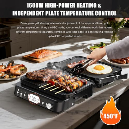 CATTLEMAN Panini Grill Press Sandwich Maker with Removable Plates, 1600W, 5 in 1 Smokeless Indoor Grill & Griddle with Meat Thermometer, PFAS Free Ceramic Nonstick Reversible Plates, Opens Flat - color: Black with Reversible Plates
