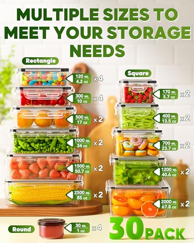 KEMETHY 60 PCS Food Storage Containers with Lids, BPA-Free Plastic Food Containers for Kitchen Storage, Leak Proof, Reusable Meal Prep Containers with Labels & Pen - color: 60 PCS
