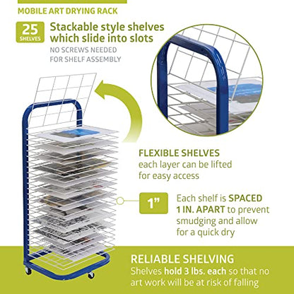 Pearington 25-Shelf Mobile/Wall Mountable Art Drying Rack for Art Studios & Classrooms, 13" D x 17.5" W x 39.4" H, Blue/White - color: Blue, size: 25 Shelves