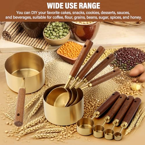 8Pcs Gold Measuring Cups and Spoons Set, Golden Stainless Steel Measuring Cups with Wooden Handle and 4 Measuring Spoons Set for Kitchen Baking Cooking