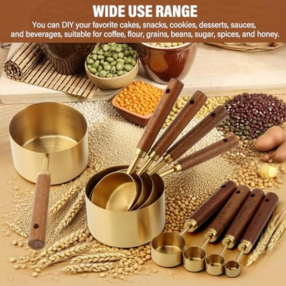 8Pcs Gold Measuring Cups and Spoons Set, Golden Stainless Steel Measuring Cups with Wooden Handle and 4 Measuring Spoons Set for Kitchen Baking Cooking