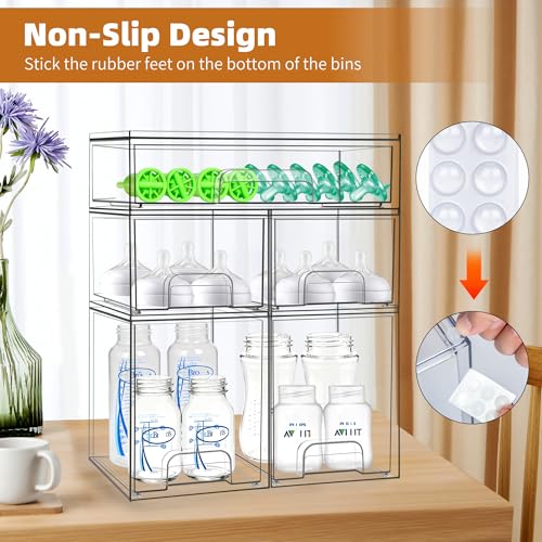 Baby Bottle Organizer, 5 Pack Stackable Storage Drawers with Labels, Clear Station Organizers Container for Pacifiers, Pump Parts, Desk Organizer Bins for Bathroom, Cabinet, Pantry, Vanity, Countertop - style: 2 High+2 Small+1 Wide