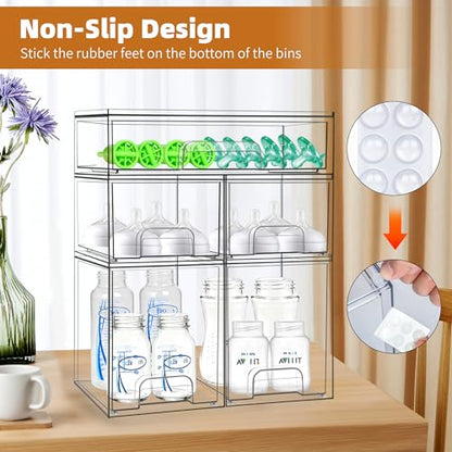 Baby Bottle Organizer, 5 Pack Stackable Storage Drawers with Labels, Clear Station Organizers Container for Pacifiers, Pump Parts, Desk Organizer Bins for Bathroom, Cabinet, Pantry, Vanity, Countertop - style: 2 High+2 Small+1 Wide