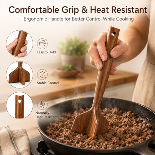 Teak Wooden Meat Chopper, Meat Chopper for Ground Beef, Heat-Resistant Non-Scratch Wooden Meat Masher for Hamburger, Beef, Turkey, Safe for Nonstick Cookware (1Pcs)