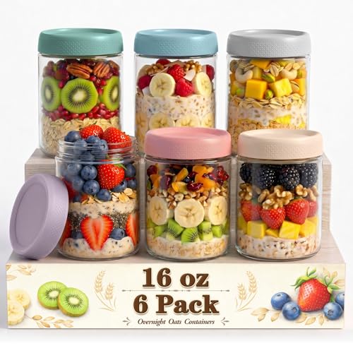 Mason Jars, 16oz Overnight Oats Containers with Lids, 6 Pack Wide Mouth Glass Mason Jars with Airtight Lids, Sugar Bowls, Overnight Oats Jars for Yogurt, Meal Prep, Chia Pudding - color: Mixed Color