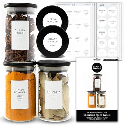 Indian Spice Labels Stickers for Jars and Lids - 96 South Asian Spice Jar Labels Waterproof Preprinted, Seasoning Herb Stickers for Containers Kitchen Pantry Organization - style: Indian Spice Label