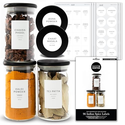 Indian Spice Labels Stickers for Jars and Lids - 96 South Asian Spice Jar Labels Waterproof Preprinted, Seasoning Herb Stickers for Containers Kitchen Pantry Organization - style: Indian Spice Label
