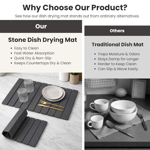 Stone Dish Drying Mat for Kitchen Counter, Large Quick Dry Diatomaceous Earth Stone Drying Mat, Foldable Water Absorbent Dish Drying Mat for Dishes, Cups, Bottles, Kitchen Sink & Countertop (Grey) - color: Gray