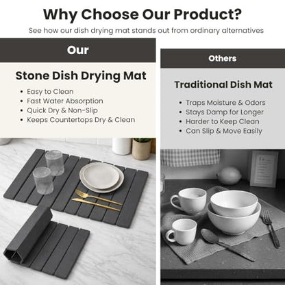 Stone Dish Drying Mat for Kitchen Counter, Large Quick Dry Diatomaceous Earth Stone Drying Mat, Foldable Water Absorbent Dish Drying Mat for Dishes, Cups, Bottles, Kitchen Sink & Countertop (Grey) - color: Gray