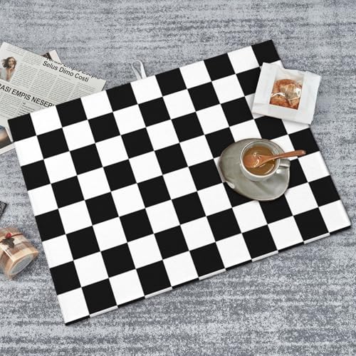 Black White Checkered Dish Drying Mat for Kitchen Counter, Coffee Bar Accessories, Retro Classic Plaid Pattern Absorbent Coffee Mat Kitchen Drying Mat Easy Clean 18" x 24" - color: Black White Race Checkered Flag Calibration Chess Grid