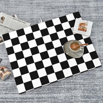 Black White Checkered Dish Drying Mat for Kitchen Counter, Coffee Bar Accessories, Retro Classic Plaid Pattern Absorbent Coffee Mat Kitchen Drying Mat Easy Clean 18" x 24" - color: Black White Race Checkered Flag Calibration Chess Grid