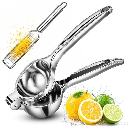 Lemon Squeezer & Zester Set, Large Bowl Stainless Steel Citrus Juicer, Heavy Duty Handheld Lime Press with Seed Filter, Lime Juicer and Citrus Grater for Cocktails, Cooking & Cheese