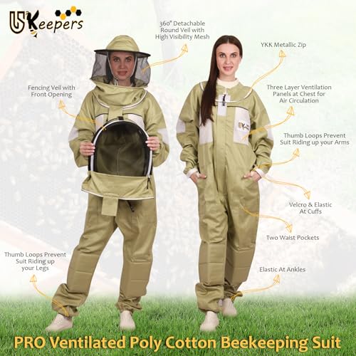 Ultra-Ventilated Polycotton Beekeeping Suit for Men & Women with Gloves & Two Beekeeping Veils-Professional & Beginner Apiarist Suit. (Olive,M) - color: Olive, size: Medium