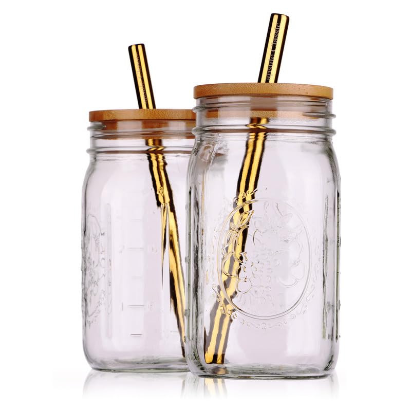 Reusable Boba Bubble Tea & Smoothie Cups - 2 Glass Wide Mouth 32oz Mason Jars with Bamboo Lids - 2 Reusable Gold Stainless Steel Boba Straws
