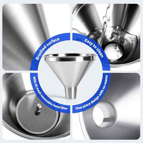 4-Piece Stainless Steel Kitchen Funnel Set, Includes 3 Funnel Sizes and 1 Strainer. Ideal for transferring seasonings, Oils, Liquids, Dry Goods and Powders. Durable and Easy to Clean.