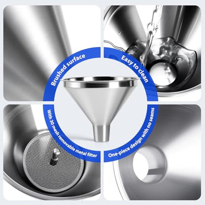 4-Piece Stainless Steel Kitchen Funnel Set, Includes 3 Funnel Sizes and 1 Strainer. Ideal for transferring seasonings, Oils, Liquids, Dry Goods and Powders. Durable and Easy to Clean.