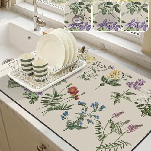 LOKHOM Dish Drying Mat for Kitchen Counter, 18"x24" Absorbent Coffee Bar Mat with Vintage Sage Flower Herbs, Dish Drainer Rack Mats for Kitchen Counter and Dining Room Decoration - size: 18" x 24"