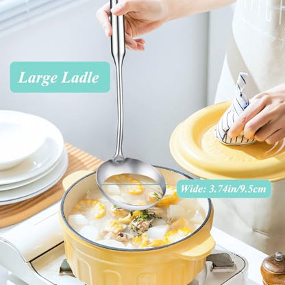 Soup Ladle and Slotted Spoon Set of 2, Metal 316 Stainless Steel Kitchen Ladles Food Strainer, Large Cooking Ladel and Fryer Scoop Kitchen Utensil Set for Stirring Serving Draining Frying - style: 2PCS