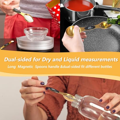 Magnetic Measuring Cups & Spoons Set for Cooking, 15pcs | 7 Gold Measuring Cups, 7 Double-Sided Measuring Spoons & 1 Leveler, Gold Baking Kitchen Gadgets for Dry & Liquid Ingredients