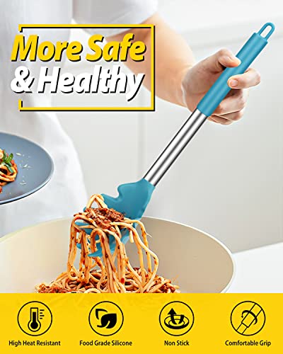 Silicone Pasta Fork and Ladle Spoon Set, Large Non Stick Kitchen Utensils for Cooking,Stirring,Serving Spaghetti, Soup, Sauce (BLUE) - color: Blue
