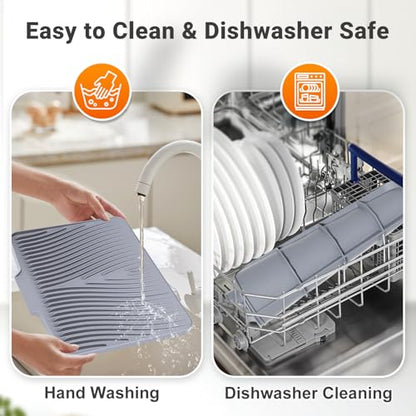 Silicone Dish Drying Mat for Kitchen counter, 19.7"x17" 2Pcs Extra Large Non-Slip Drain Pad with Built-in Drainage, Heat Resistant Dishwasher Safe, Grey - color: Grey-2pcs, size: 19.7" x 17"