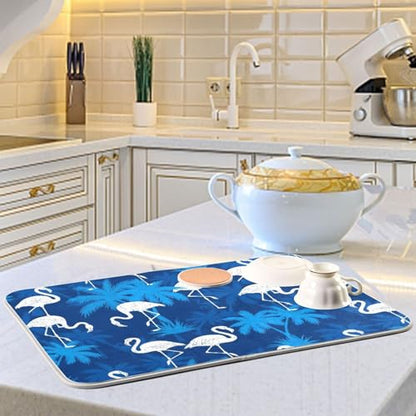 Flamingo Palm Trees Blue Dish Drying Mat for Kitchen Counter Super Absorbent Draining Mat with Non-slip Backed Dishwashing Mat for Dish Bottles Cups Bowl Countertops Sinks Draining Racks