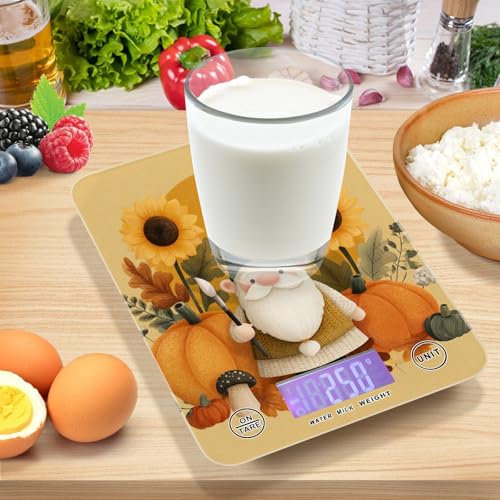 Fall Gnome Pumkin Sunflowers Thanksgiving Food Scale Kitchen Digital Scale Food Ounces and Grams Dieting Baking Cooking Waterproof Glass Panels LCD Display,4 Units Tare Function - color: Fall Gnome Pumkin Sunflowers Thanksgiving